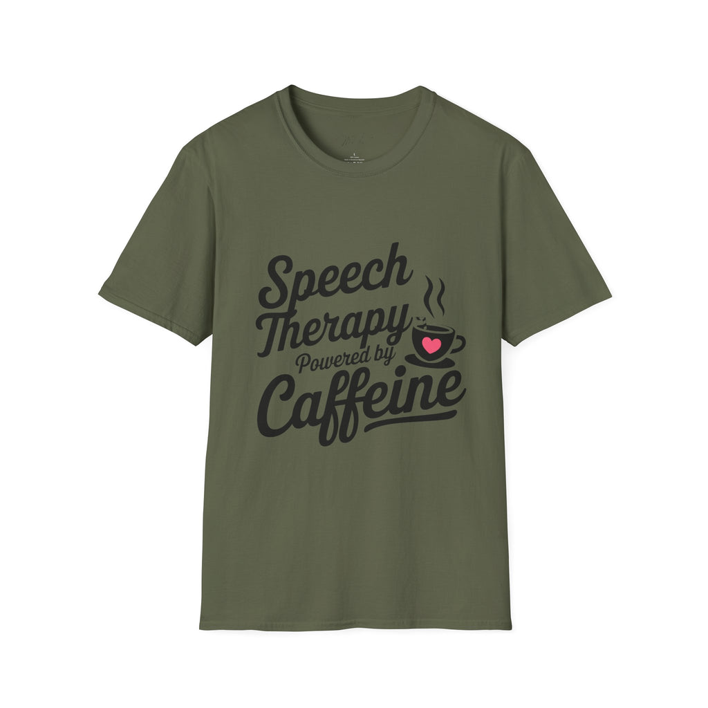 Speech Therapy Powered by Caffeine T-Shirt – Fuel for Communication Champions(Unisex Softstyle T-Shirt)