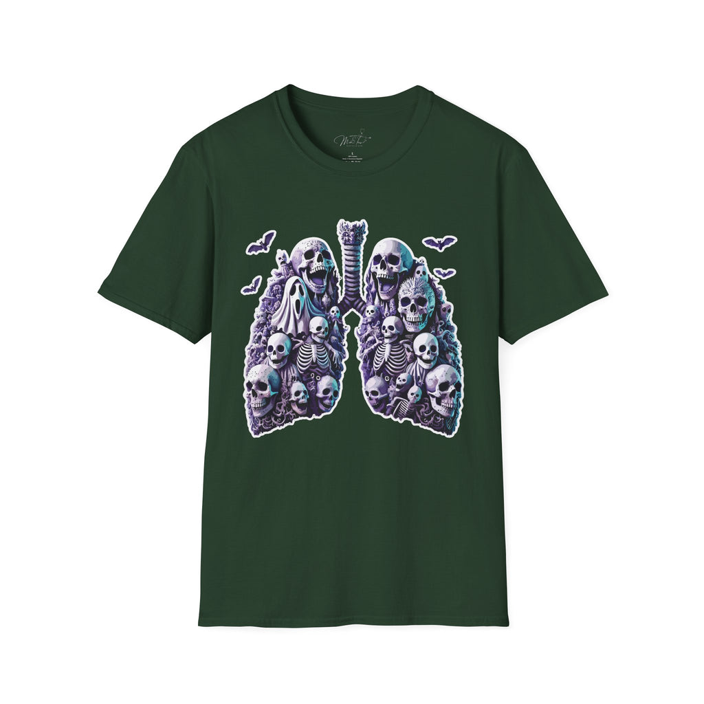 💀 Spooky Lungs (front) T-shirt: Respiratory Meets Halloween Haunts! 👻  (Unisex Softstyle)