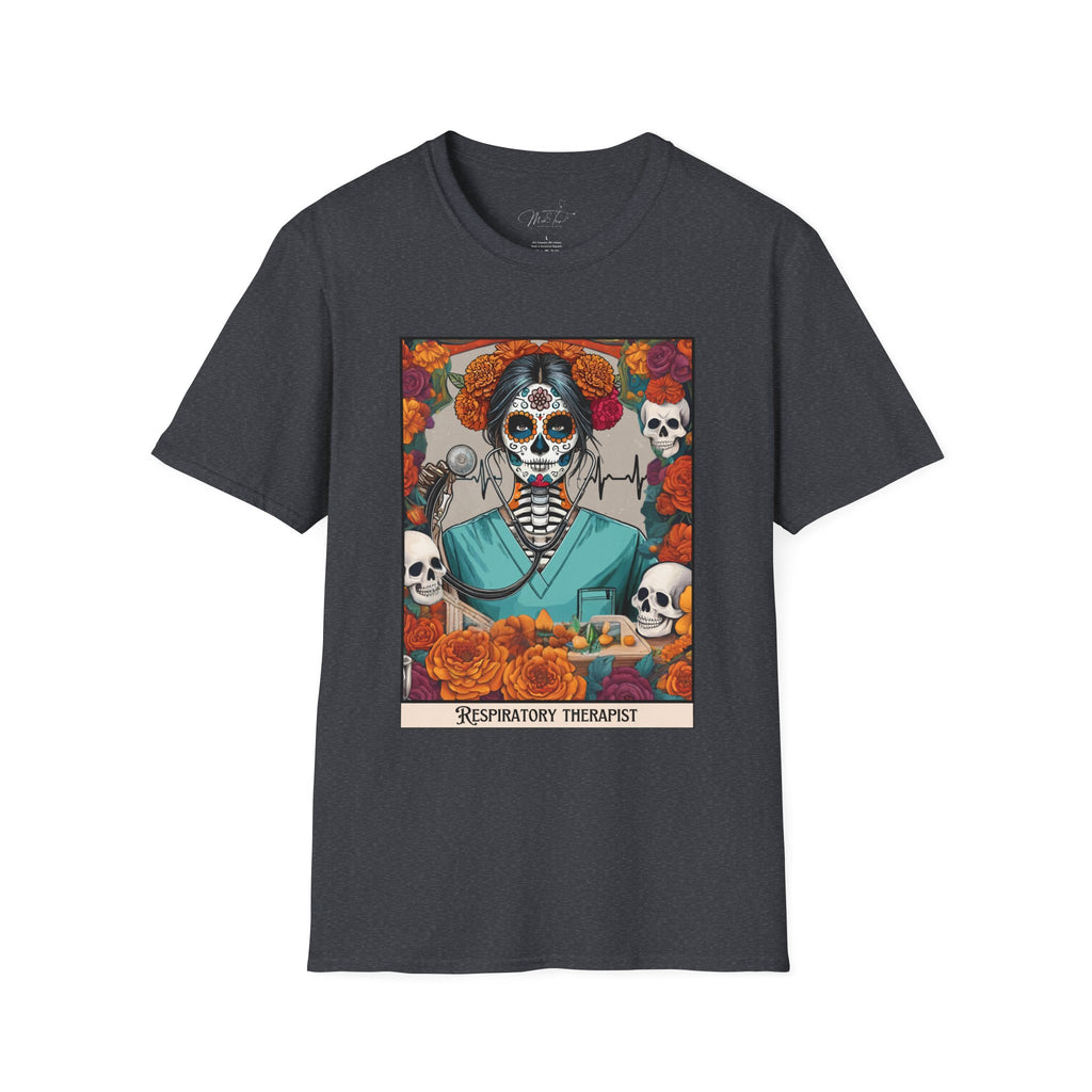 💀 Día de los Muertos Respiratory Therapist T-shirt: Celebrate Life and Honor the Profession! 🌹 (Unisex Softstyle)