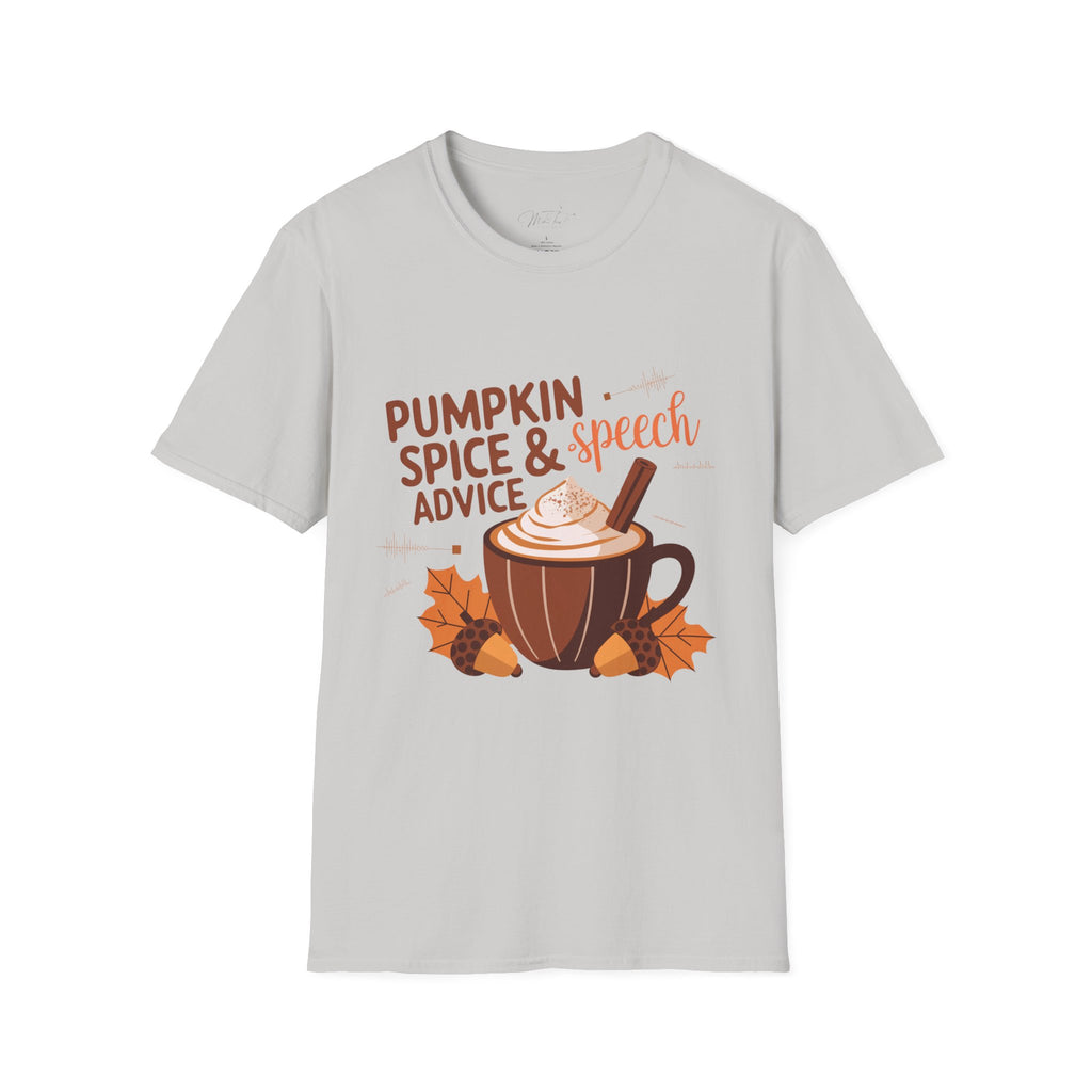 Pumpkin Spice & Speech Advice T-Shirt – Cozy Fall Vibes for Speech-Language Pathologists! (Unisex Softstyle T-Shirt)