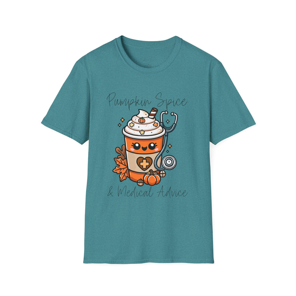 Pumpkin Spice & Healthcare Life T-Shirt – Fall Fun for Medical Professionals(Unisex Softstyle T-Shirt)