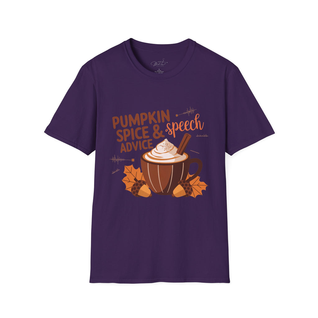 Pumpkin Spice & Speech Advice T-Shirt – Cozy Fall Vibes for Speech-Language Pathologists! (Unisex Softstyle T-Shirt)