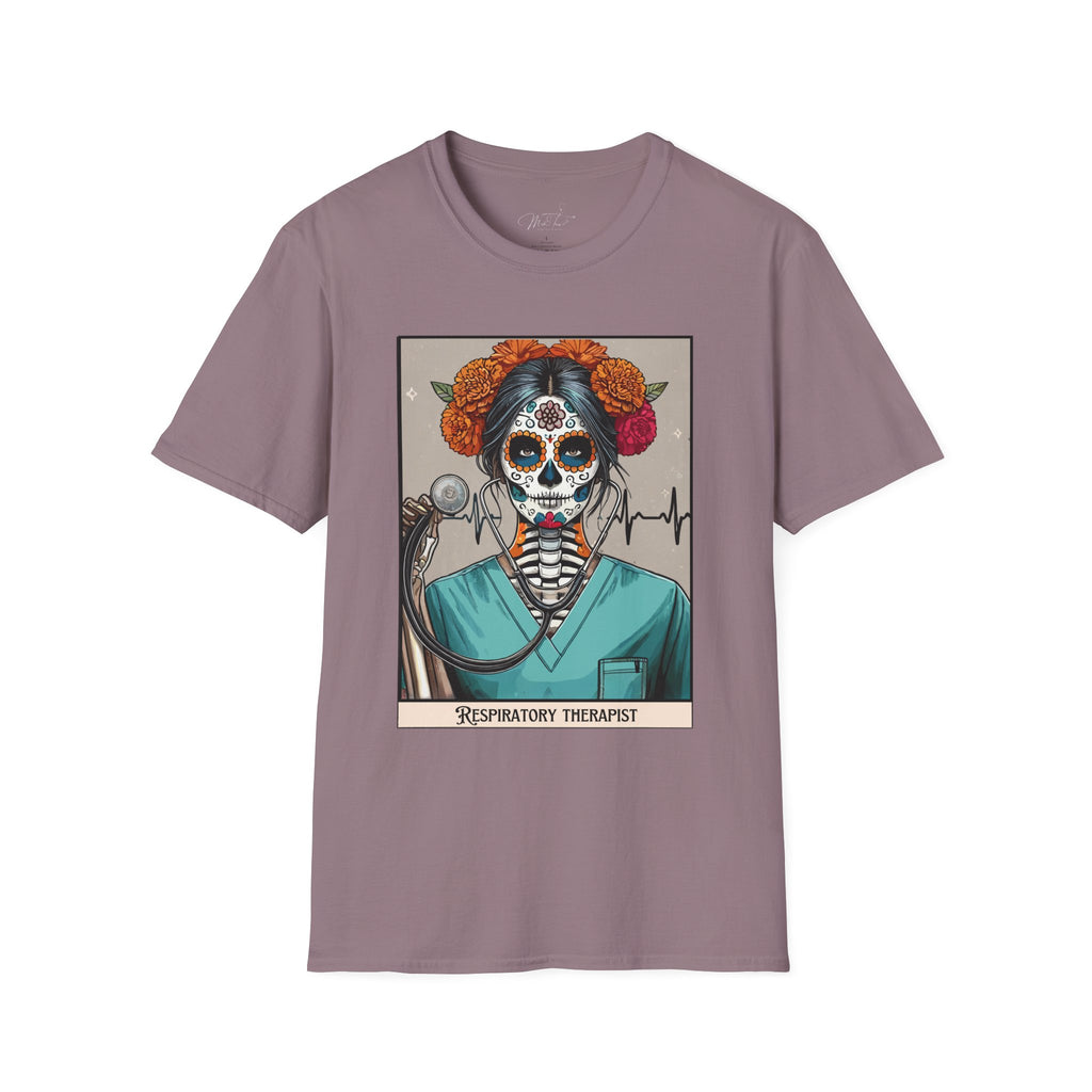 💀 Sugar Skull Respiratory Therapist T-shirt: A Beautiful Blend of Art and Profession! 🌺 (Unisex Softstyle)