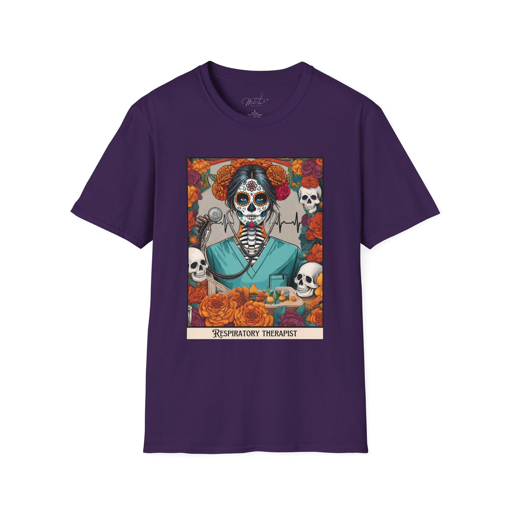 💀 Día de los Muertos Respiratory Therapist T-shirt: Celebrate Life and Honor the Profession! 🌹 (Unisex Softstyle)