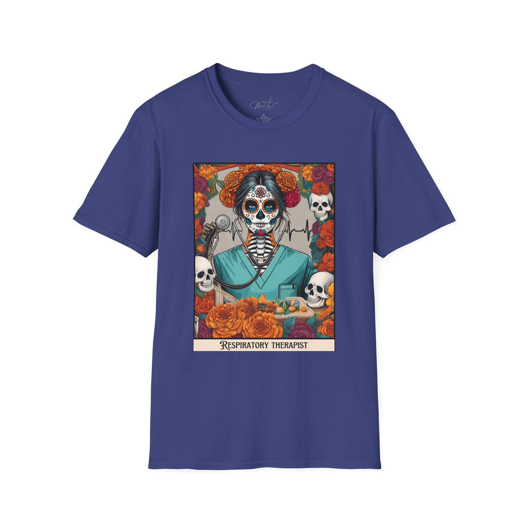 💀 Día de los Muertos Respiratory Therapist T-shirt: Celebrate Life and Honor the Profession! 🌹 (Unisex Softstyle)