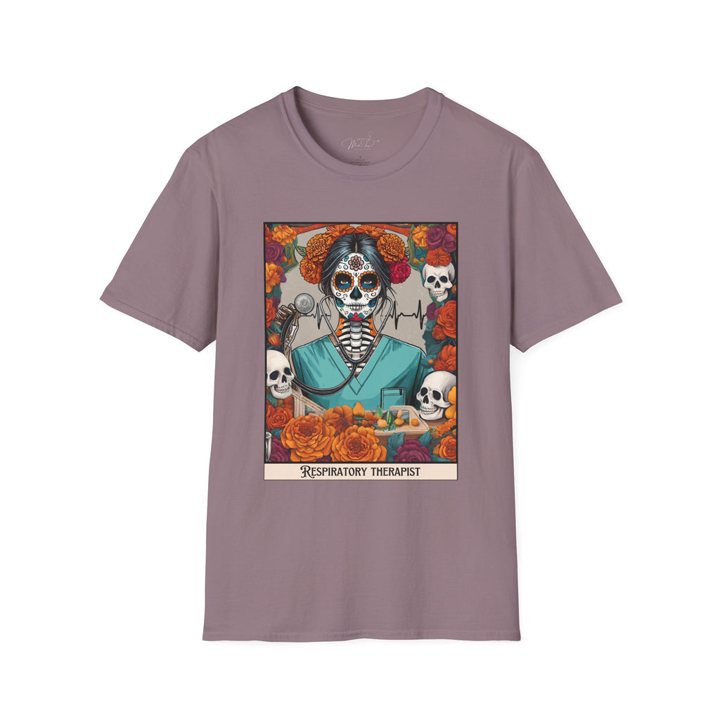 💀 Día de los Muertos Respiratory Therapist T-shirt: Celebrate Life and Honor the Profession! 🌹 (Unisex Softstyle)