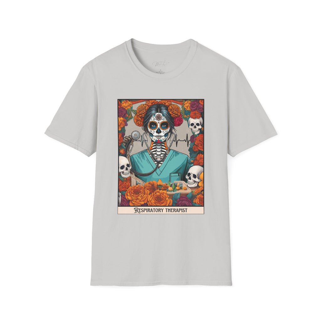 💀 Día de los Muertos Respiratory Therapist T-shirt: Celebrate Life and Honor the Profession! 🌹 (Unisex Softstyle)