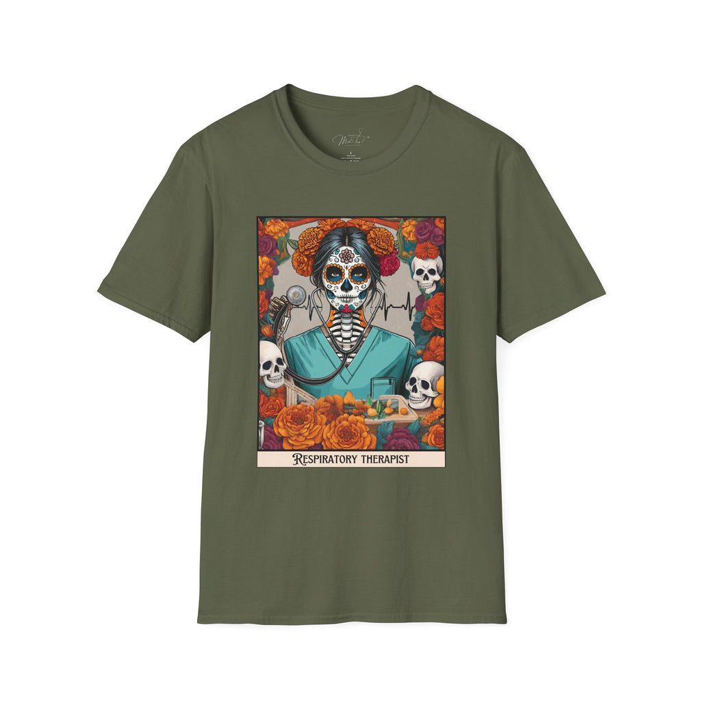 💀 Día de los Muertos Respiratory Therapist T-shirt: Celebrate Life and Honor the Profession! 🌹 (Unisex Softstyle)