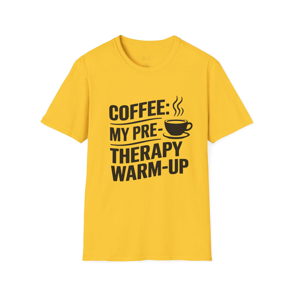 Coffee: My Pre-Therapy Warm-Up T-Shirt – Perfect for Caffeinated Physical Therapists!(Unisex Softstyle T-Shirt)