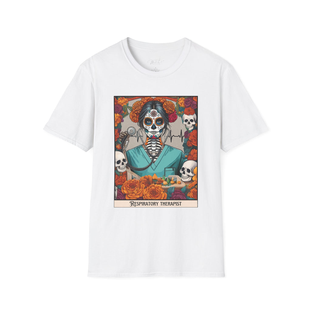 💀 Día de los Muertos Respiratory Therapist T-shirt: Celebrate Life and Honor the Profession! 🌹 (Unisex Softstyle)
