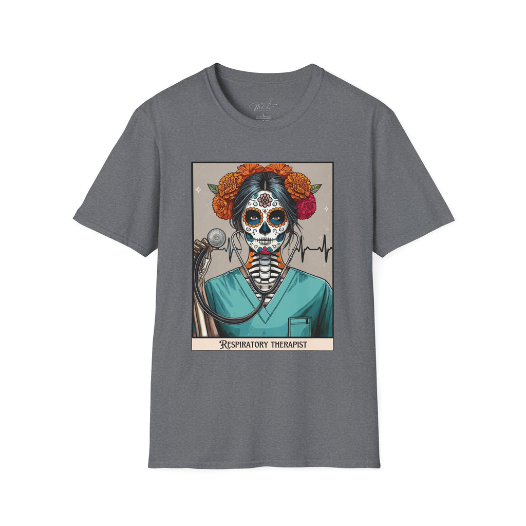 💀 Sugar Skull Respiratory Therapist T-shirt: A Beautiful Blend of Art and Profession! 🌺 (Unisex Softstyle)