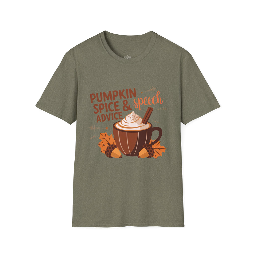 Pumpkin Spice & Speech Advice T-Shirt – Cozy Fall Vibes for Speech-Language Pathologists! (Unisex Softstyle T-Shirt)