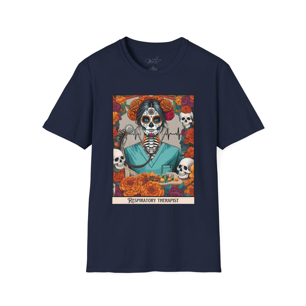 💀 Día de los Muertos Respiratory Therapist T-shirt: Celebrate Life and Honor the Profession! 🌹 (Unisex Softstyle)