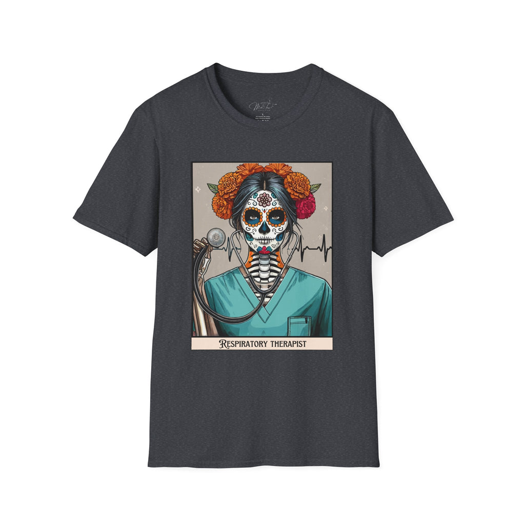 💀 Sugar Skull Respiratory Therapist T-shirt: A Beautiful Blend of Art and Profession! 🌺 (Unisex Softstyle)