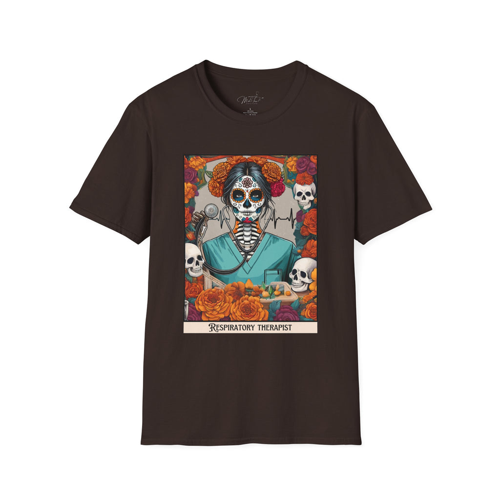 💀 Día de los Muertos Respiratory Therapist T-shirt: Celebrate Life and Honor the Profession! 🌹 (Unisex Softstyle)