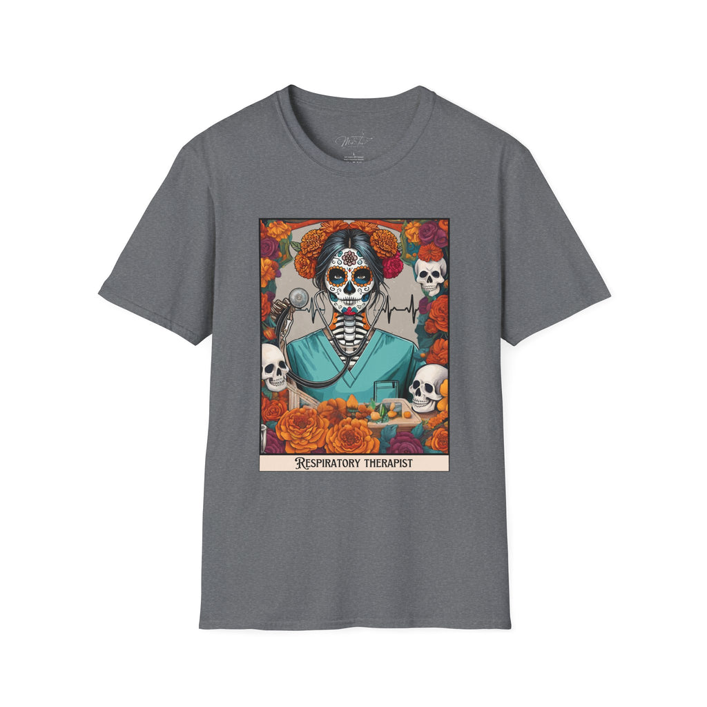 💀 Día de los Muertos Respiratory Therapist T-shirt: Celebrate Life and Honor the Profession! 🌹 (Unisex Softstyle)