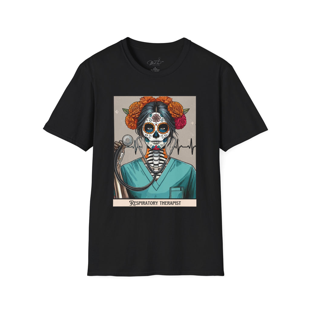 💀 Sugar Skull Respiratory Therapist T-shirt: A Beautiful Blend of Art and Profession! 🌺 (Unisex Softstyle)