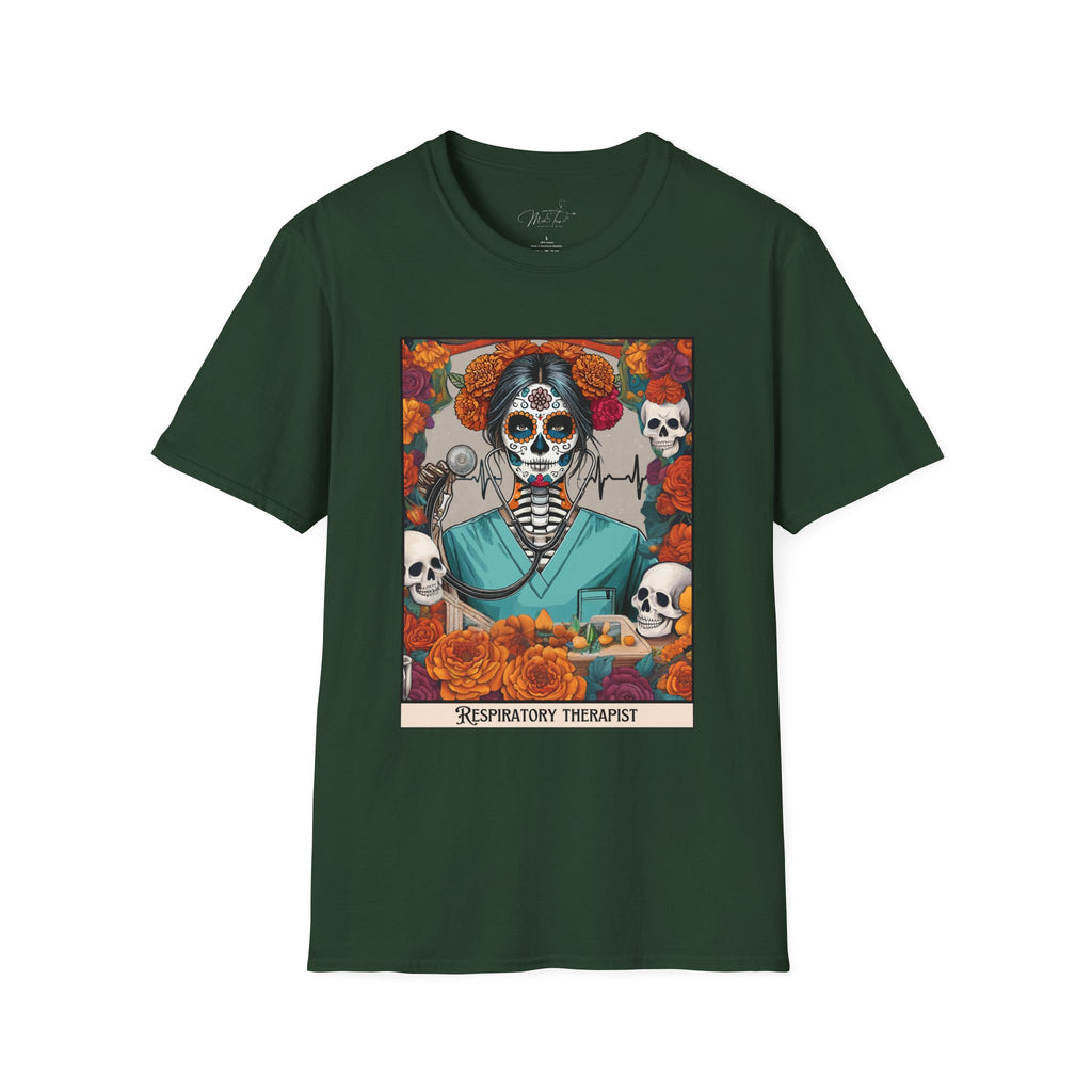 💀 Día de los Muertos Respiratory Therapist T-shirt: Celebrate Life and Honor the Profession! 🌹 (Unisex Softstyle)