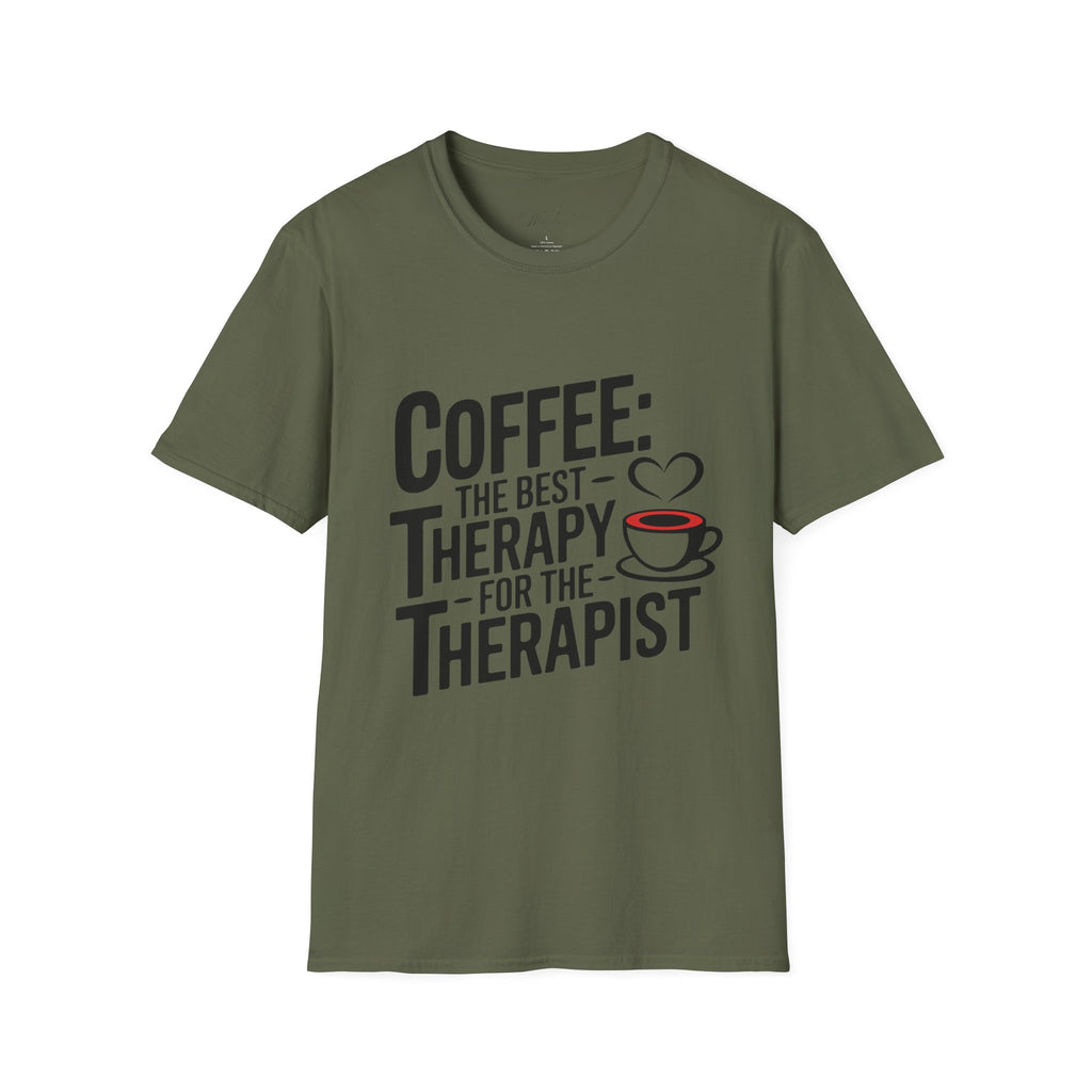 Coffee: The Best Therapy for the Therapist" T-Shirt – For the Coffee-Loving Caregiver! (Unisex Softstyle T-Shirt)