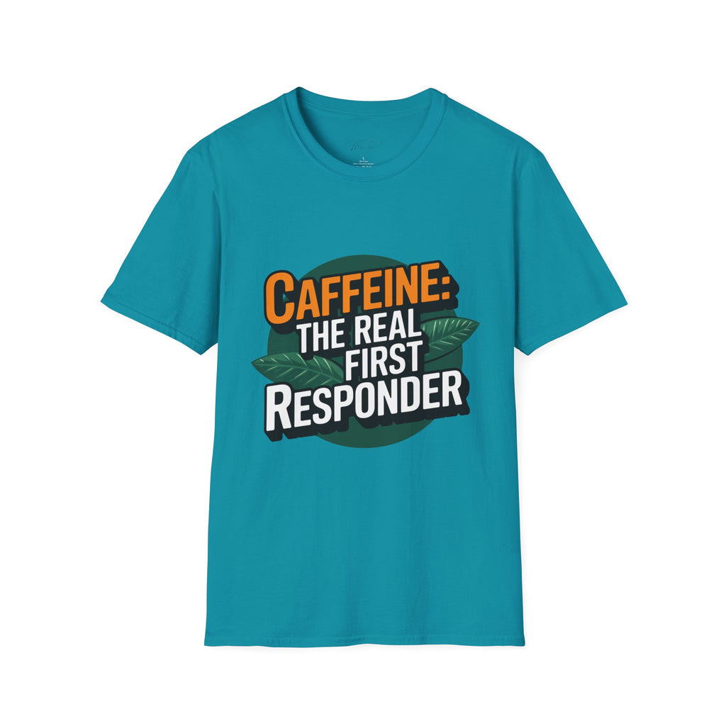 Caffeine: The Real First Responder T-Shirt – For Coffee Lovers Who Save the Day! (Unisex Softstyle T-Shirt)